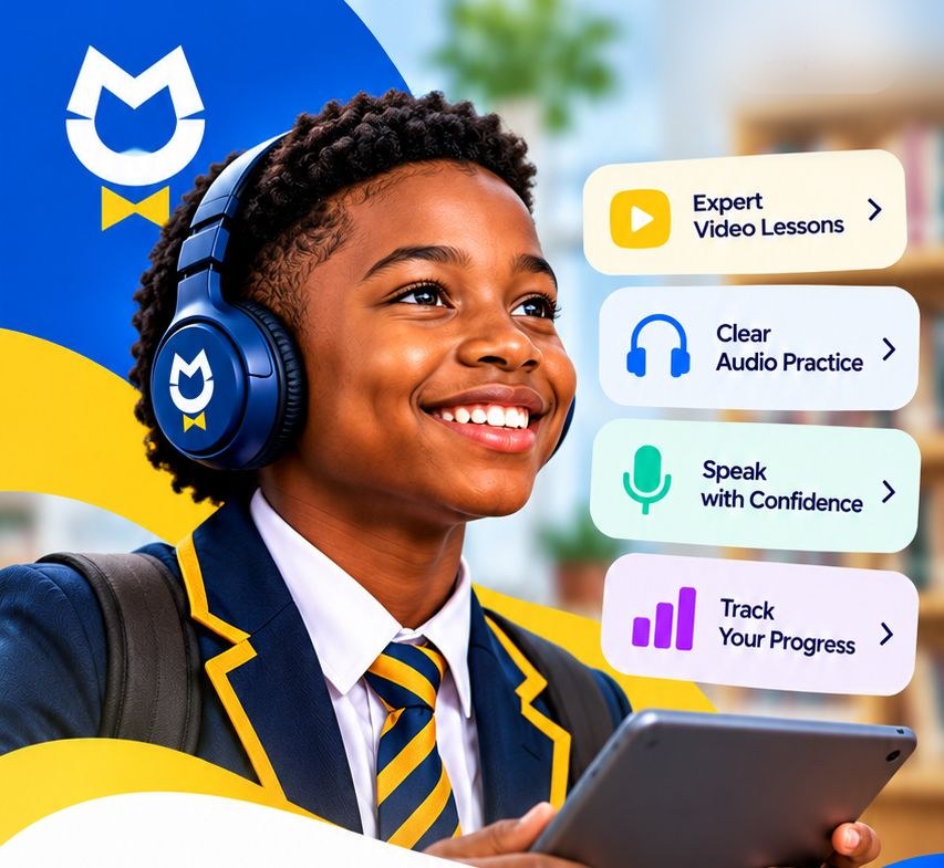 A smiling student in headphones, with expert video lessons, clear audio practice, speaking with confidence and tracking your progress.